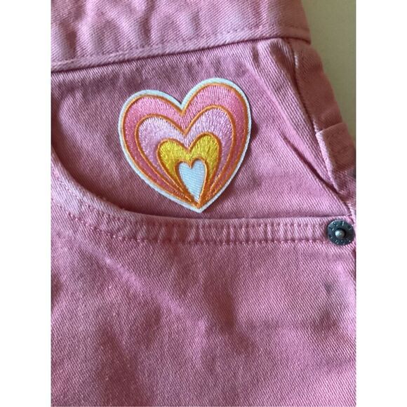 Gap Jeans Pink Denim Skirt Boho Custom Flower Heart Sz 12 Stretch - Picture 2 of 7